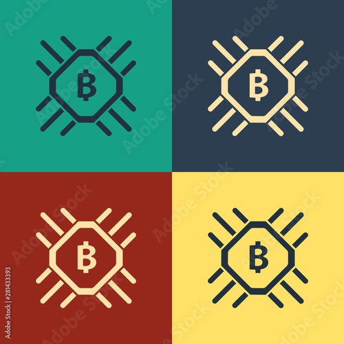 Color CPU mining farm icon isolated on color background. Bitcoin sign inside processor. Cryptocurrency mining community. Digital money. Vintage style drawing. Vector Illustration