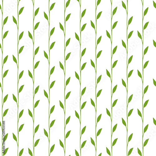 Fototapeta Naklejka Na Ścianę i Meble -  Floral seamless vector pattern with green leaves and branches on white background. Hand drawn illustration with abstract plants. Texture design for surface, fabric, textile. Endless texture.