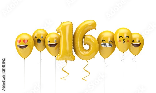 Number 16 yellow birthday emoji faces balloons. 3D Render