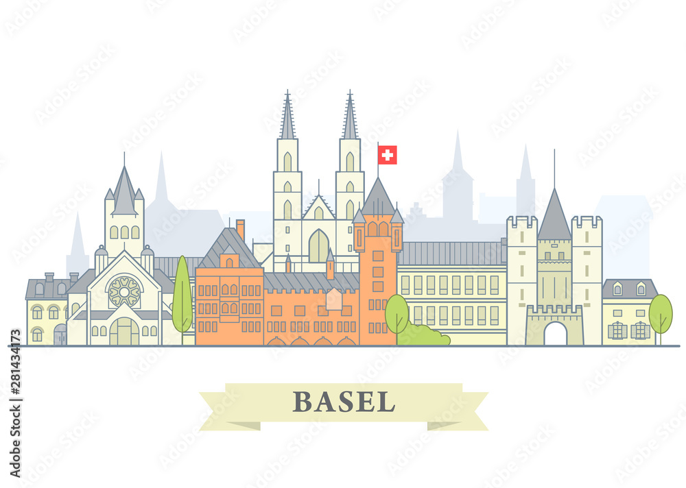 Basel cityscape, Switzerland - old town view, city panorama with landmarks of Basel