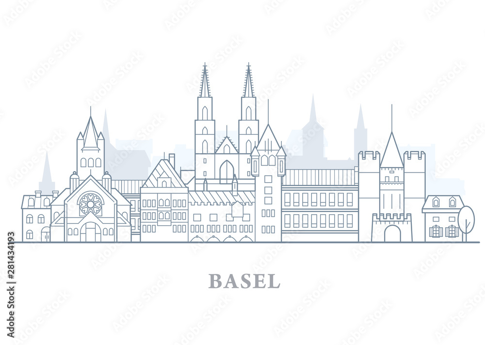 Basel skyline, Switzerland - old town outline, city panorama with landmarks of Basel