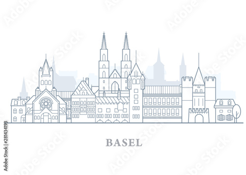 Basel skyline, Switzerland - old town outline, city panorama with landmarks of Basel