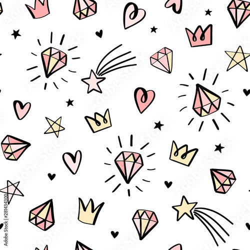 Hand drawn seamless pattern with doodle diamonds, crowns, stars and hearts. Cute baby and little princess design.