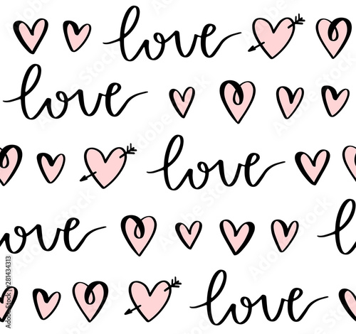 Love seamless pattern with hand lettering and doodle hearts. Vector Valentine's Day background. Design for gift wrap, stationery, textiles, clothing, home decor.