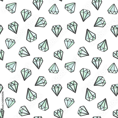Diamond seamless doodle pattern. Hand drawn gems, diamonds. Fashion, girly background.