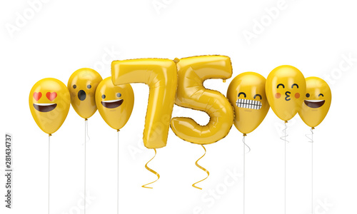 Number 75 yellow birthday emoji faces balloons. 3D Render