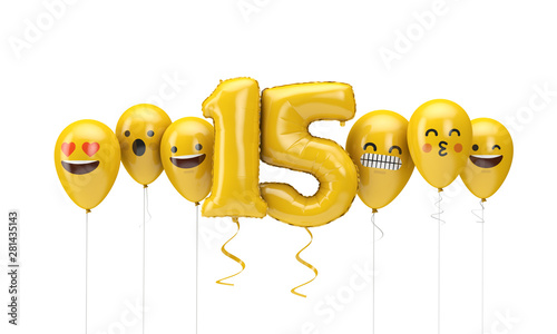 Number 15 yellow birthday emoji faces balloons. 3D Render