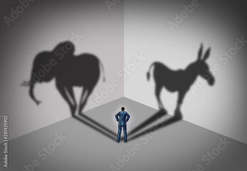 Republican and democrat voter concept as a symbol of an American election political identity campaign choice as two United States political parties shaped as an elephant and donkey. photo