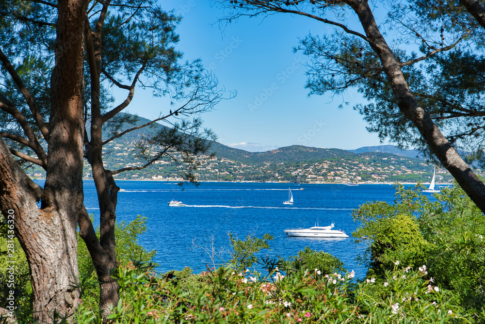 View of the bay with yachts. Overview of the neighborhood from the hill. Resort in the south of France, Saint-Tropez, France