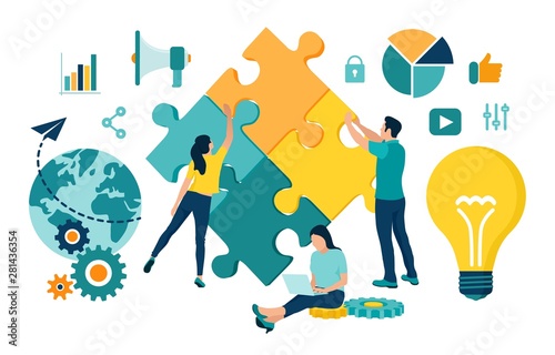 Teamwork concept. People connecting puzzle elements. Business team. Symbol of teamwork, cooperation, partnership, association and connection. Team metaphor. Business concept. Vector Illustration.