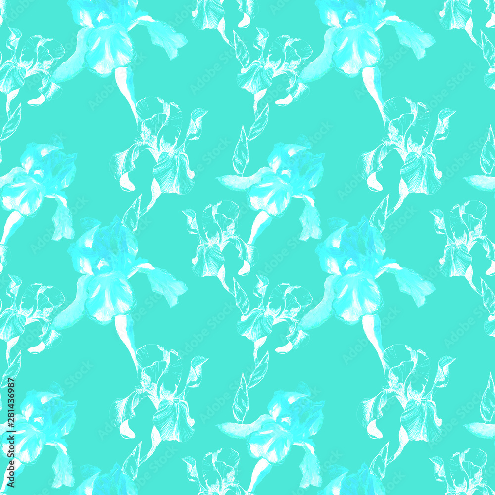 Floral seamless pattern with hand drawn light silhouettes of iris flowers on turquoise background. Flowers lined up in harmonious uninhibited sequence
