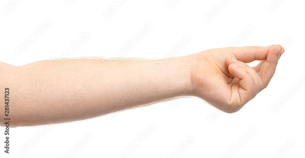 Male hand showing gesture holding something or someone isolate on white background Male hand showing gesture holding something or someone isolate on white background