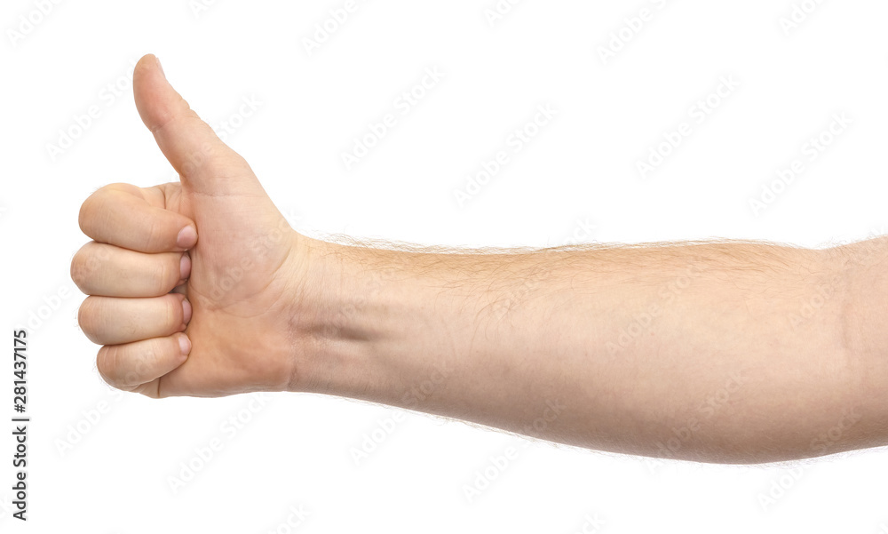 Male hand showing thumb up gesture isolate on white background Male hand showing thumb up gesture isolate on white background
