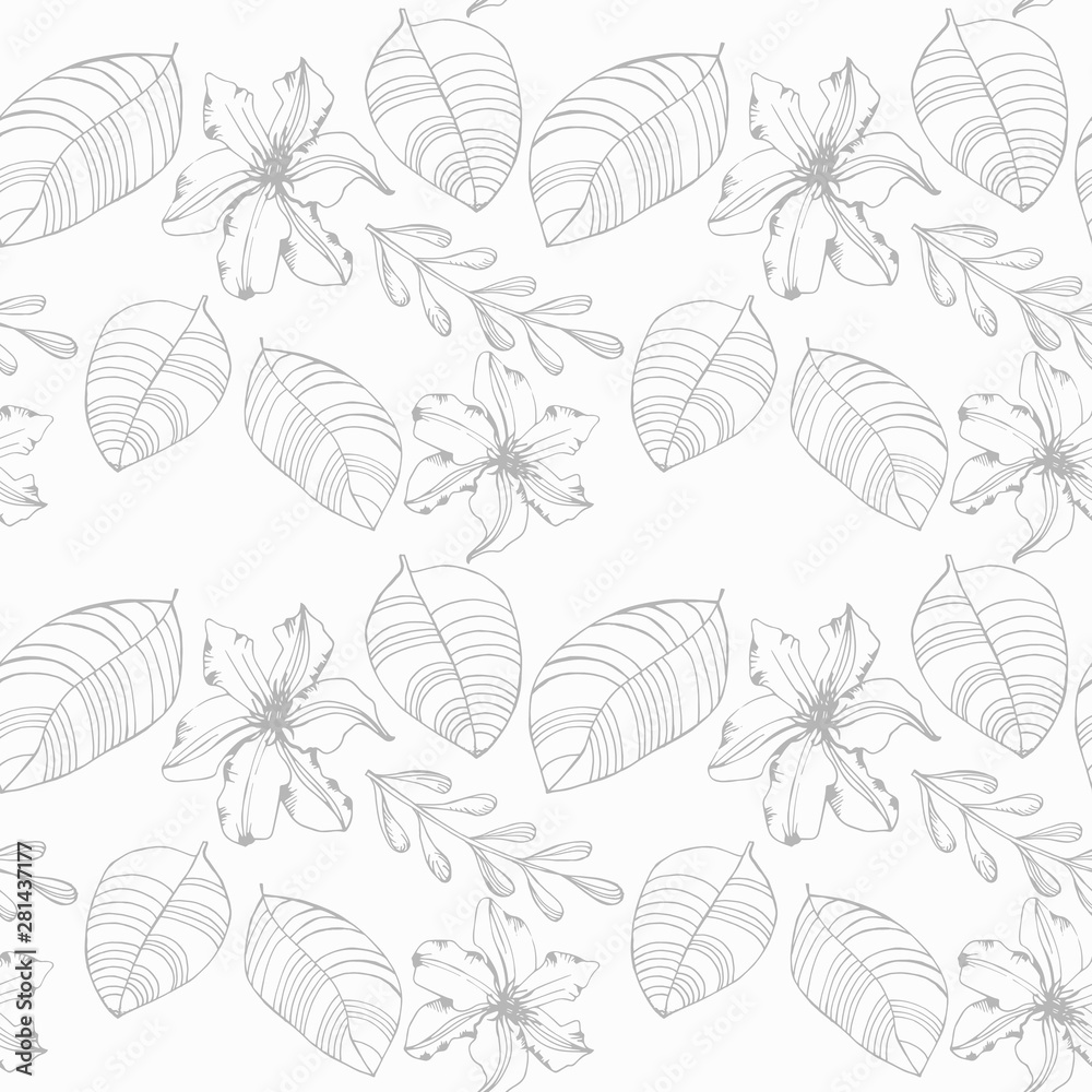 seamless floral pattern flowers and tropical palm leaves hand drawn sketch