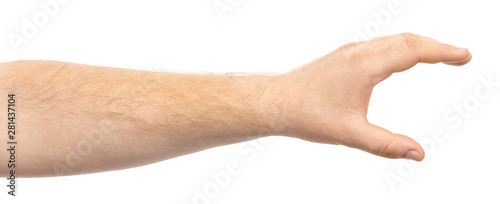 Male hand showing gesture holding something or someone isolate on white background
