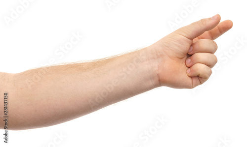Male hand showing gesture holding something or someone isolate on white background