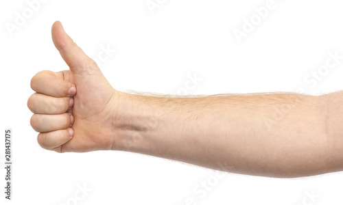 Male hand showing thumb up gesture isolate on white background