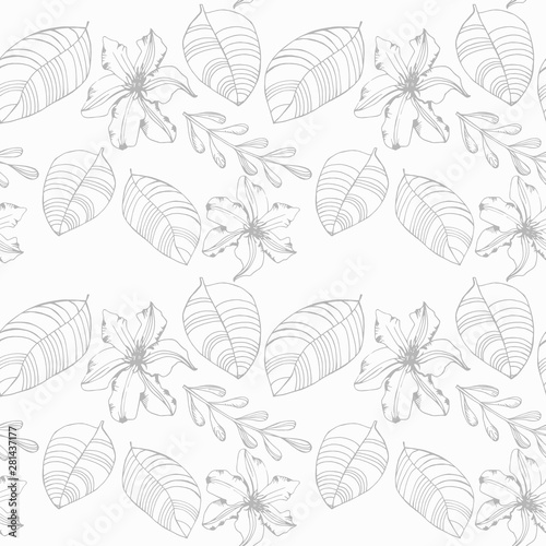 seamless floral pattern flowers and tropical palm leaves hand drawn sketch © Mykyta