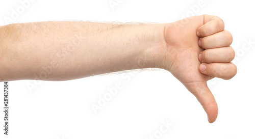 Male hands show gesture isolate on white background.