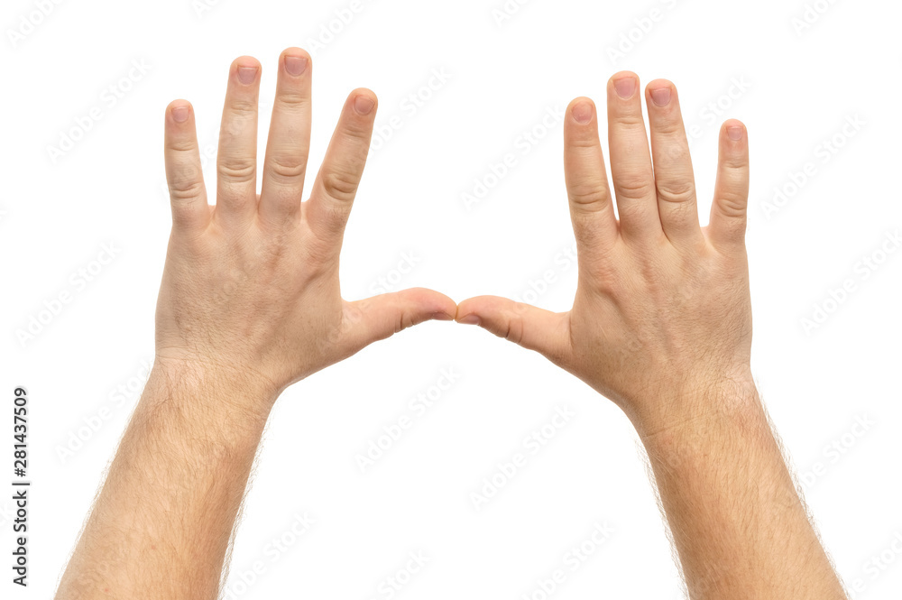 Male hands show gesture isolate on white background. Male hands show gesture isolate on white background.
