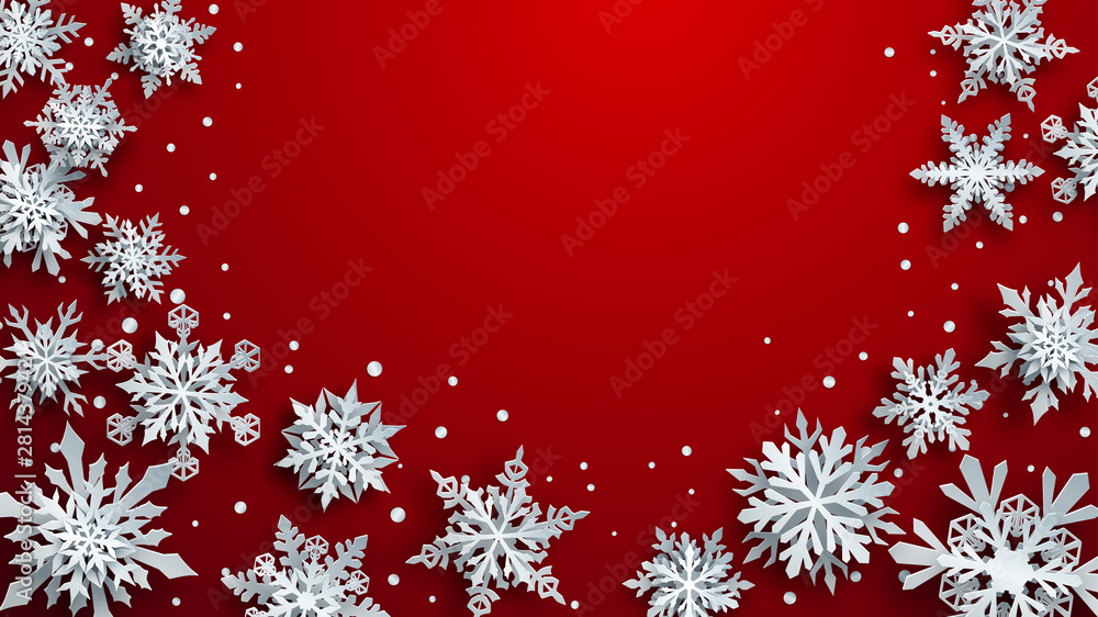 Christmas illustration of white complex paper snowflakes with soft shadows on red background - obrazy, fototapety, plakaty 