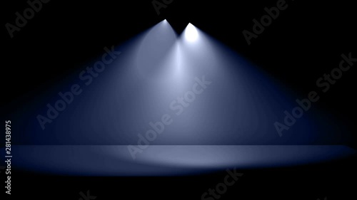 Highlighting blue spotlights, stage or scene, copy space and festive atmosphere for your design. 3d. Foggy background. Colorful Spotlights moving above the scene, show, animation. Black background.