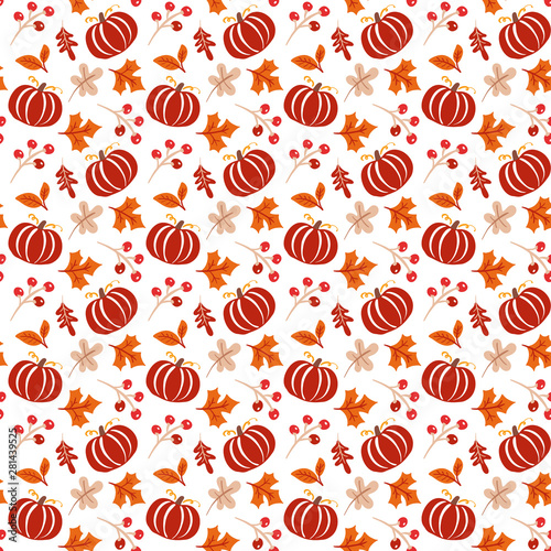 Seamless pattern with acorns, pumpkin and autumn oak leaves in Orange and Brown. Perfect for wallpaper, gift paper, pattern fills, web page background, autumn greeting cards