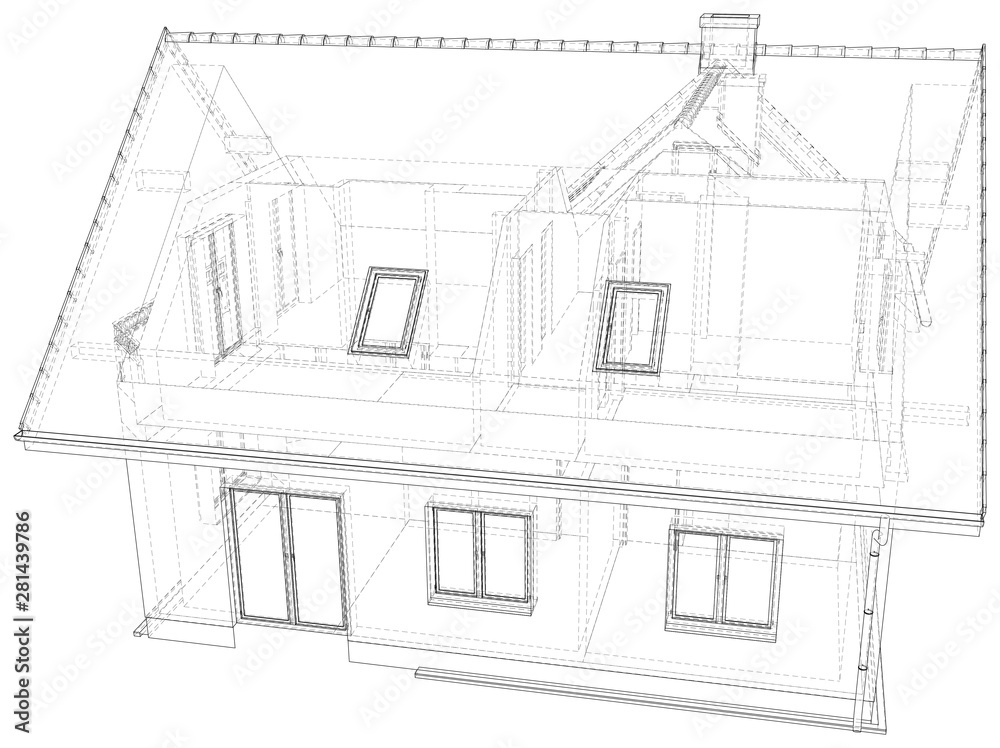 Vector sketch of the cottage with a roof. Illustration created of 3d