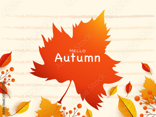 Creative Hello Autumn poster or banner design with colorful autumn leaves and flowers bud on abstract striped background. photo