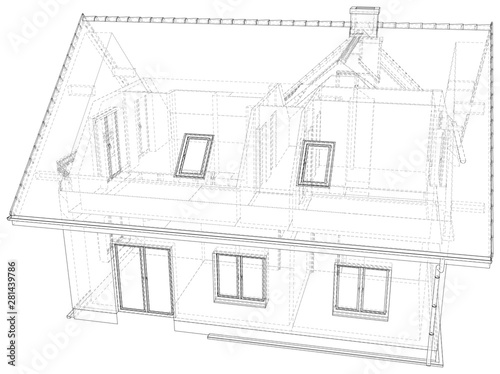 Vector sketch of the cottage with a roof. Illustration created of 3d