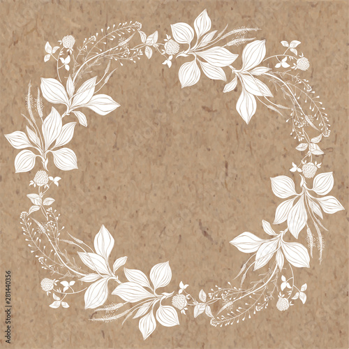 Wreath with wildflowers on kraft paper. Round frame with space for text. Invitation, greeting card or an element for your design. Vector. Silhouette.