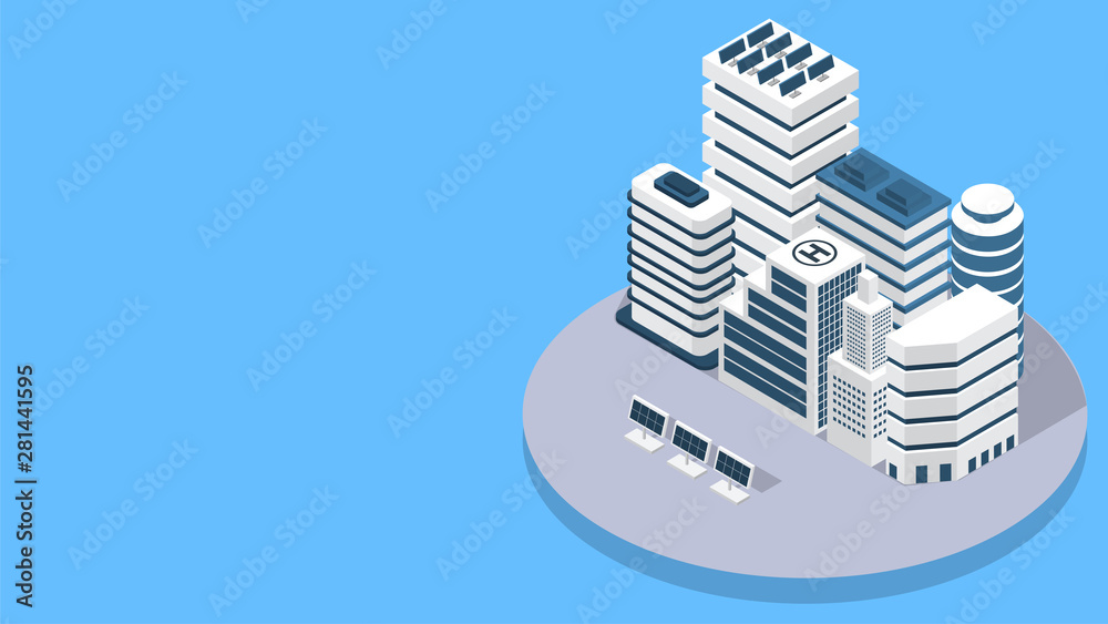 3D illustration of skyscraper architecture with solar panels on blue background for Smart Building concept.