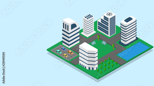 3D illustration of skyscraper building with car parking for Smart City concept based advertising banner design.