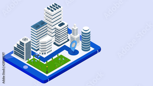 3d isometric illustration of smart city view with taxi tracking location from smartphone for Augmented Reality concept.