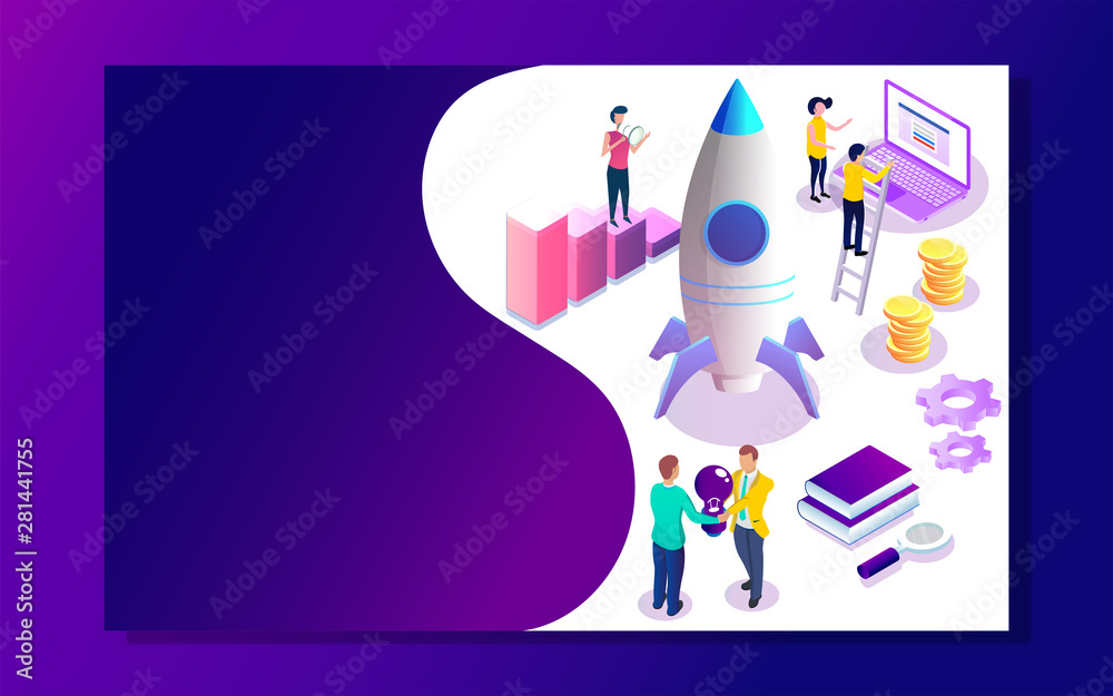 Business people working together company growth or successful project launching a rocket for Financial startup concept based isometric design.