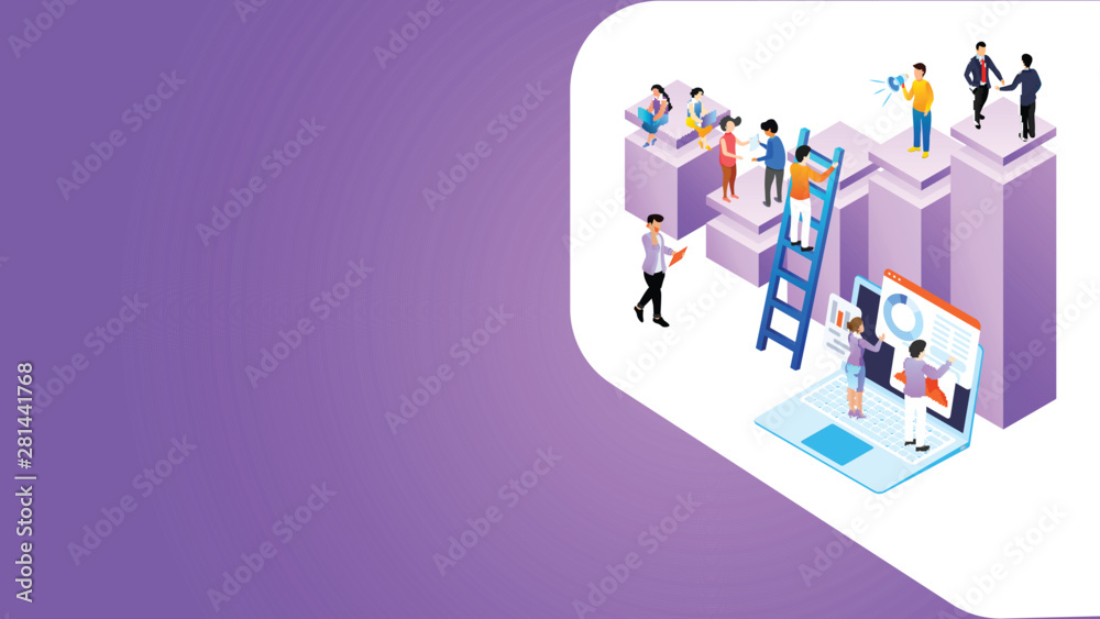 Isometric illustration of business people working together maintains