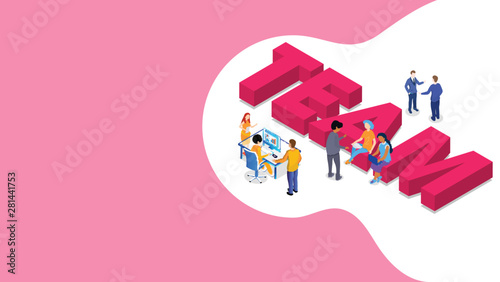 3D text Team with miniature people working together on pink and white background. Can be used banner or poster design.