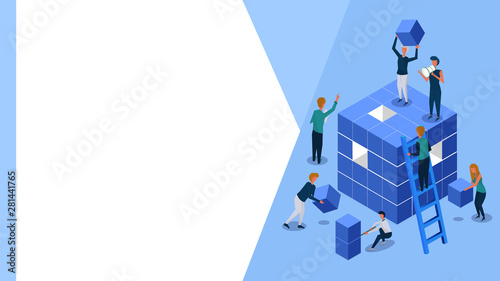 Business people working together to complete the project for Company betterment and success concept based isometric design.