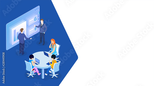Businessman giving a presentation in a conference meeting for Teamwork concept based isometric design.