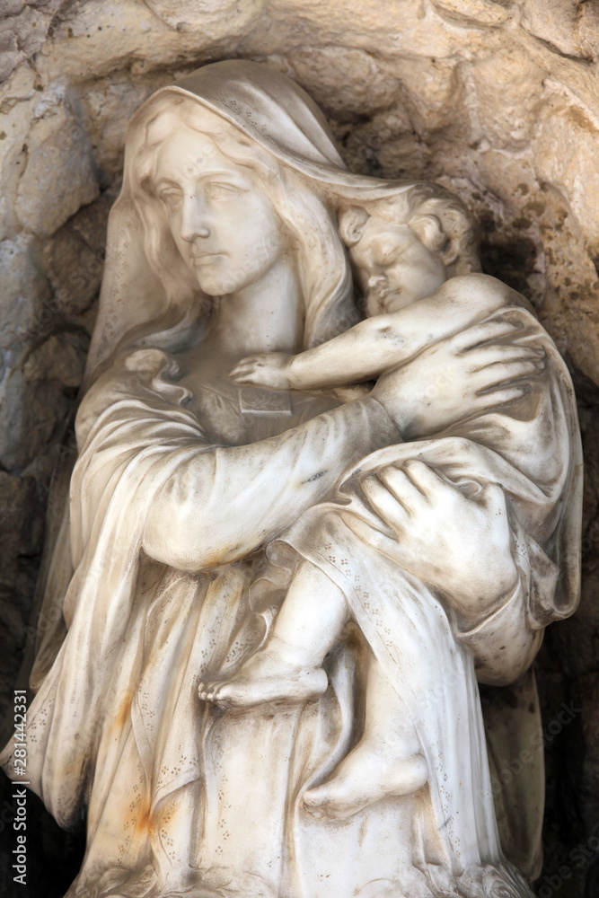 Madonna with Child, detail of a mourning sculpture, Mirogoj cemetery in Zagreb, Croatia
