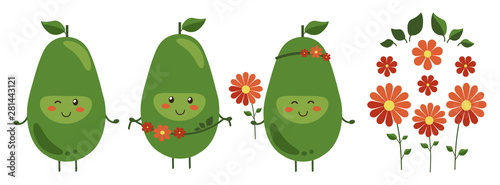 Vector illustration. Set of cartoon smiling avocado heroes with bright red flowers isolated on white. Positive fruit character with flower wreath. Bright floral decoration. Emoji Emoticon collection