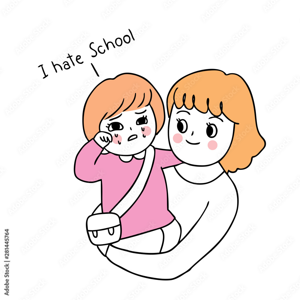 Cartoon cute back to school mother and daughter crying vector. Cartoon cute back to school mother and daughter crying vector.