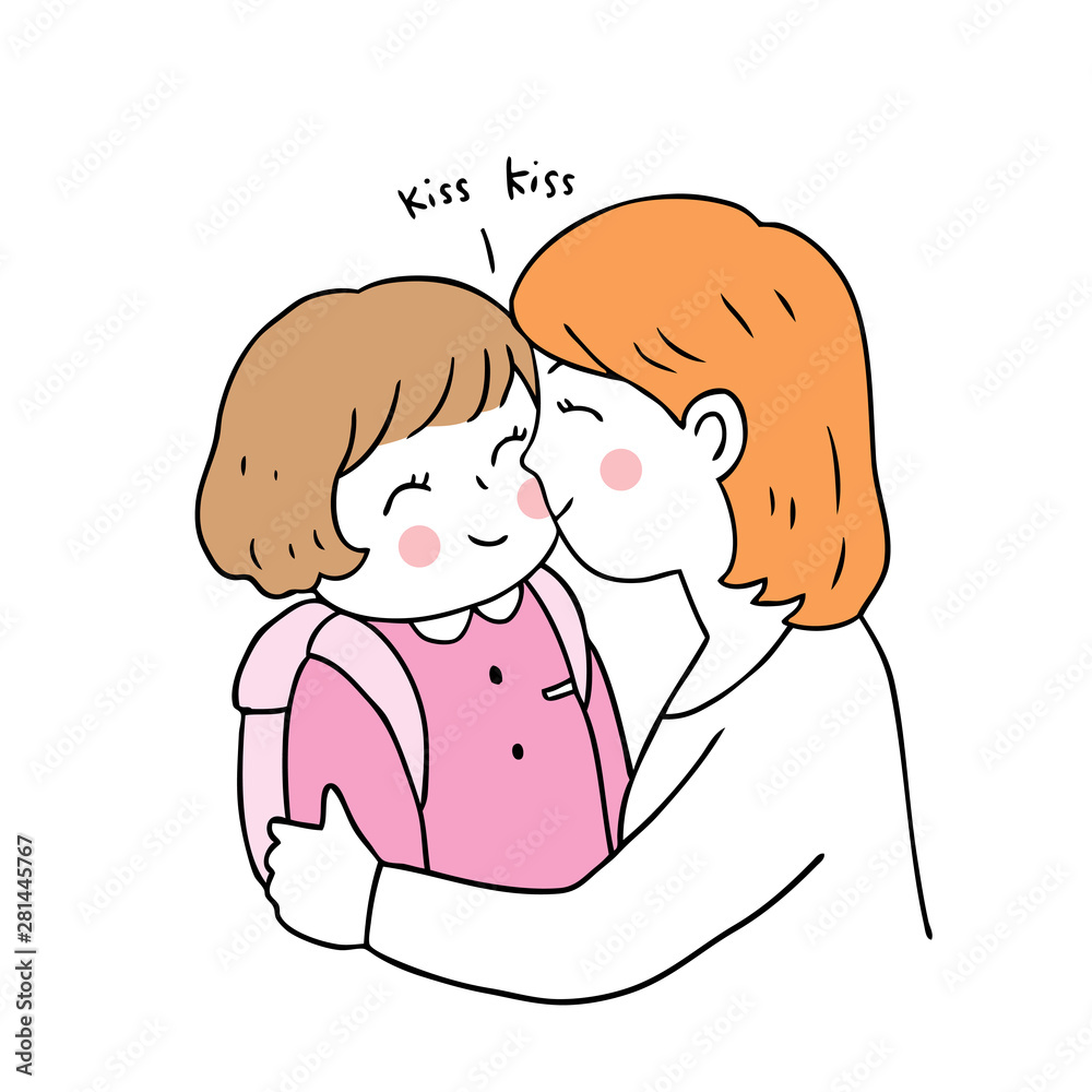 Cartoon cute back to school mother and daughter kissing vector. Cartoon cute back to school mother and daughter kissing vector.