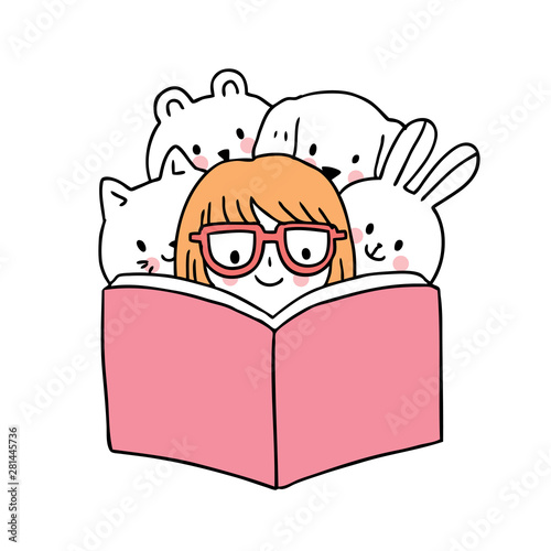 Cartoon cute back to school girl and animals reading book vector.