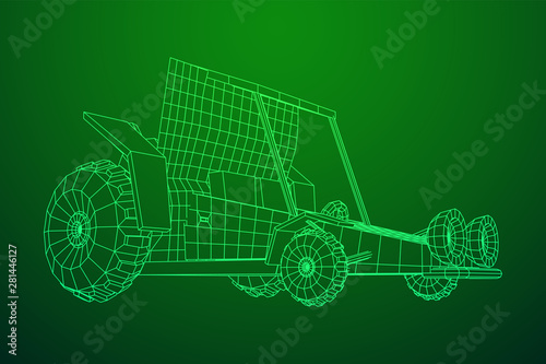 Off road dune buggy car. Terrain vehicle. Outdoor car racing, extreme sport oncept. Wireframe low poly mesh vector illustration