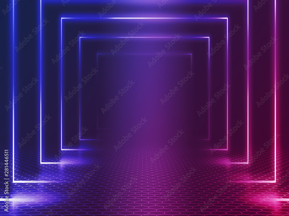 Empty background scene. Dark reflection of the street on the wet asphalt. Rays of blue and red neon light in the dark, neon figures, smoke. Background of empty stage show. Abstract dark background.