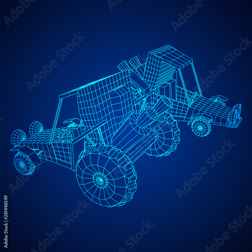 Off road dune buggy car. Terrain vehicle. Outdoor car racing, extreme sport oncept. Wireframe low poly mesh vector illustration