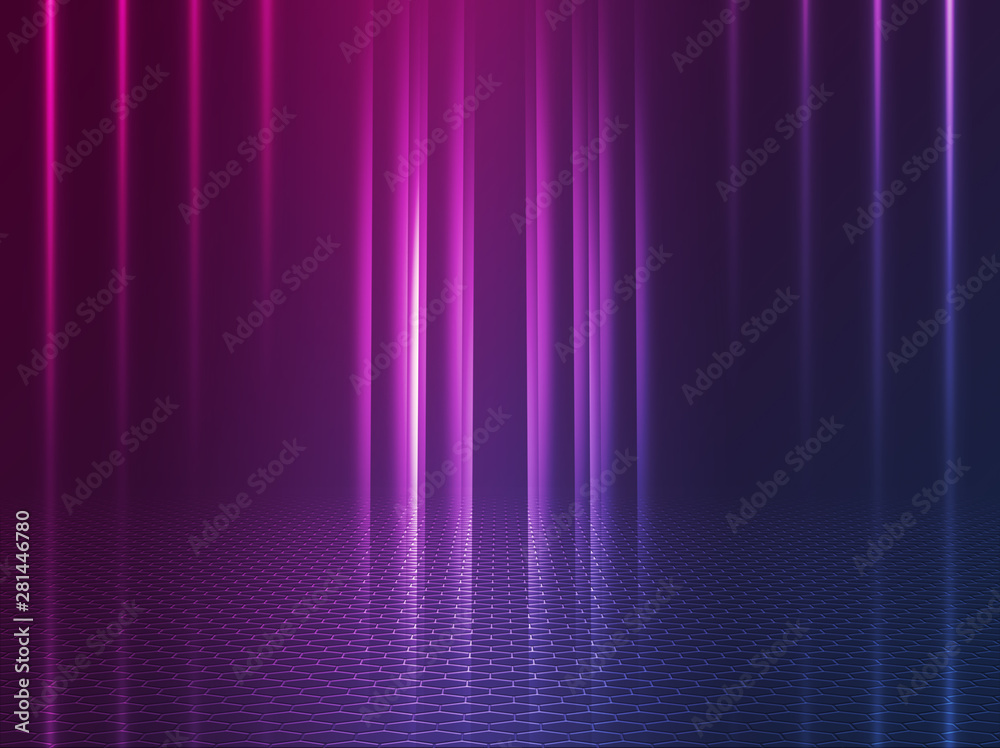 Empty background scene. Dark reflection of the street on the wet asphalt. Rays of blue and red neon light in the dark, neon figures, smoke. Background of empty stage show. Abstract dark background.