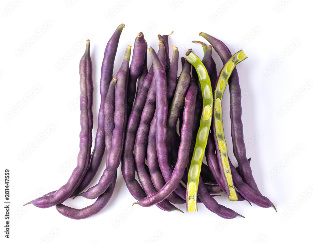 Purple long bean isolated on white background. top view