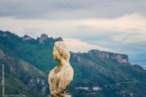 Beautiful statue from the belvedere, the so-called Terrazza dell'infinito, The Terrace of Infinity seen on the sunset, Villa Cimbrone, Ravello village, Amalfi coast of Italy